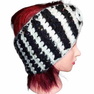 Handmade Angora Black And White Stripe Headband Earmuffs, Button Detail, New